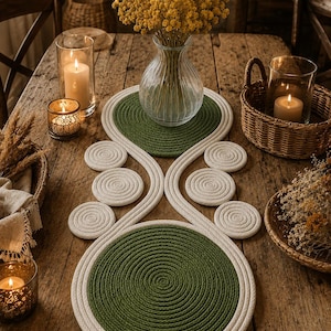 Puede incluir: Un camino de mesa decorativo hecho de cuerda trenzada, con dos grandes centros circulares verdes rodeados por bordes de cuerda blanca. El diseño incluye seis pequeños acentos circulares de cuerda blanca dispuestos a los lados del camino.