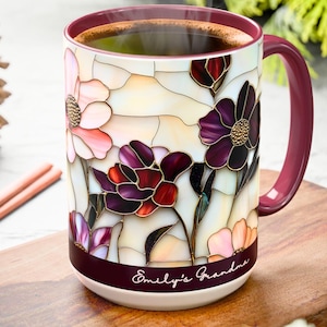 Custom Grandma Mug with Name, Stained Glass Flower Coffee Cup, Personalized Nana Gift, Mother’s Day Gift for Grandma, Floral Birthday Mug