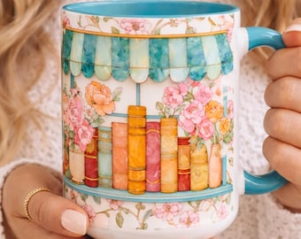 Floral Bookshelf Mug Stained Glass Effect Bookish Coffee Cup Reader Gift Book Lover Gift