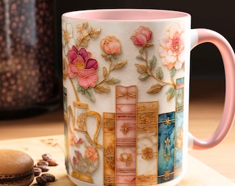 Book Lover Floral Bookshelf Coffee Mug, Stained Glass Style, Bookish Mom Gift