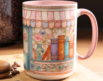Stained Glass Style Bookshelf Mug  Book Lovers, Bookish Coffee Cup Bookstore Reading Gift