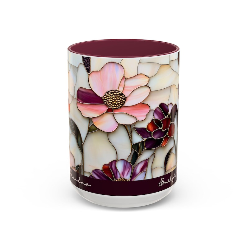 Custom Grandma Mug with Name, Stained Glass Flower Coffee Cup, Personalized Nana Gift, Mother’s Day Gift for Grandma, Floral Birthday Mug