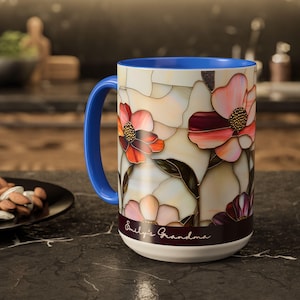 Custom Grandma Mug with Name, Stained Glass Flower Coffee Cup, Personalized Nana Gift, Mother’s Day Gift for Grandma, Floral Birthday Mug