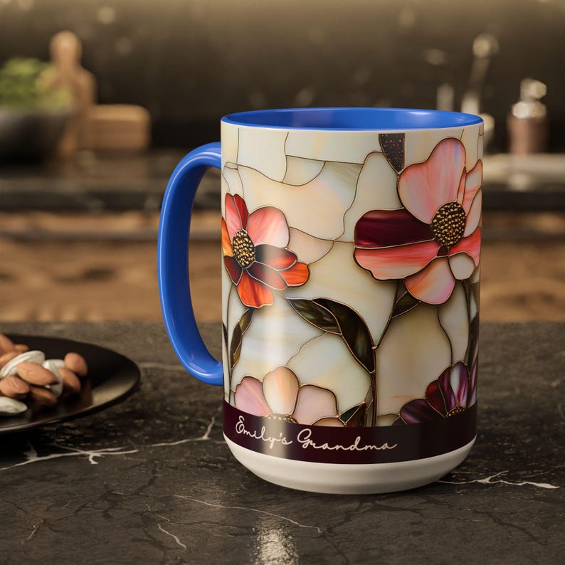 Custom Grandma Mug with Name, Stained Glass Flower Coffee Cup, Personalized Nana Gift, Mother’s Day Gift for Grandma, Floral Birthday Mug