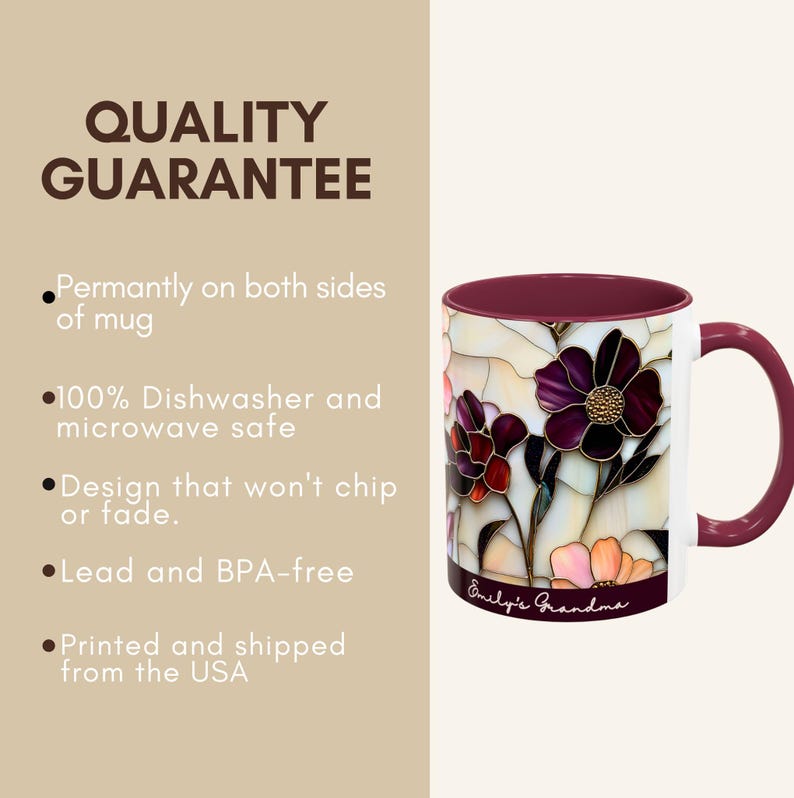 Custom Grandma Mug with Name, Stained Glass Flower Coffee Cup, Personalized Nana Gift, Mother’s Day Gift for Grandma, Floral Birthday Mug