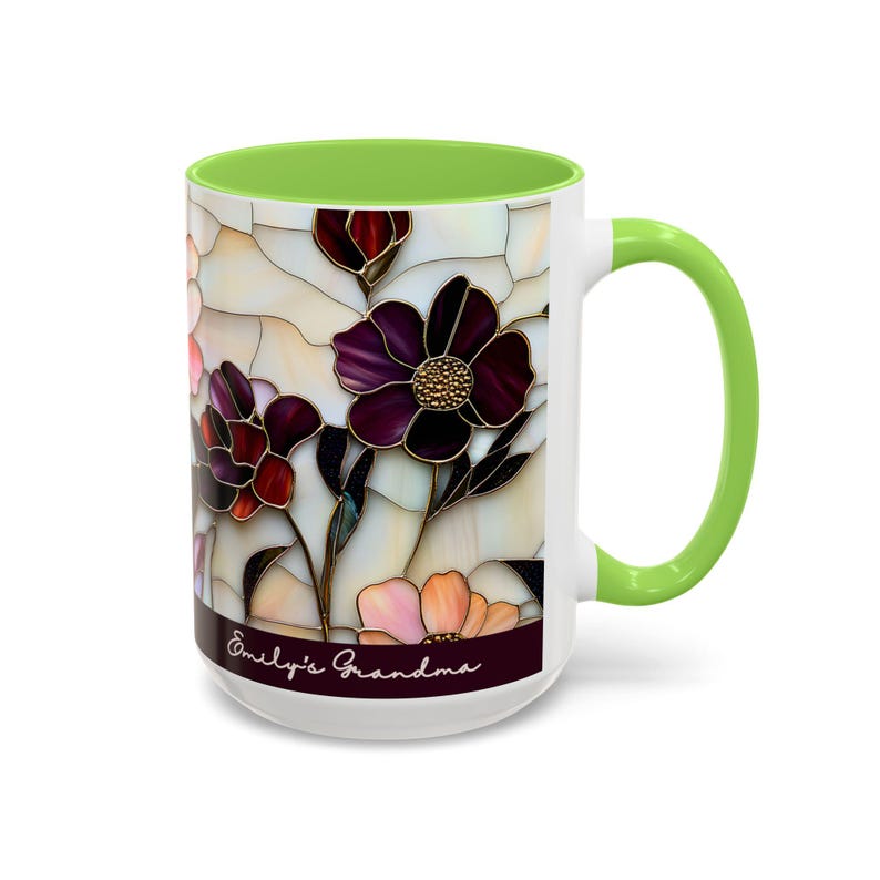 Custom Grandma Mug with Name, Stained Glass Flower Coffee Cup, Personalized Nana Gift, Mother’s Day Gift for Grandma, Floral Birthday Mug