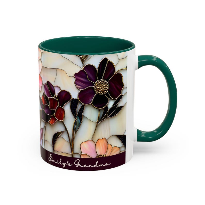 Custom Grandma Mug with Name, Stained Glass Flower Coffee Cup, Personalized Nana Gift, Mother’s Day Gift for Grandma, Floral Birthday Mug