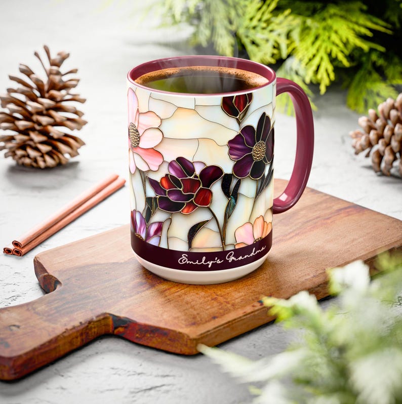 Custom Grandma Mug with Name, Stained Glass Flower Coffee Cup, Personalized Nana Gift, Mother’s Day Gift for Grandma, Floral Birthday Mug