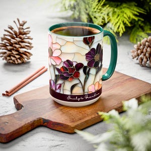 Custom Grandma Mug with Name, Stained Glass Flower Coffee Cup, Personalized Nana Gift, Mother’s Day Gift for Grandma, Floral Birthday Mug