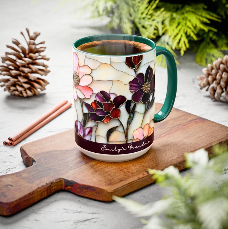 Custom Grandma Mug with Name, Stained Glass Flower Coffee Cup, Personalized Nana Gift, Mother’s Day Gift for Grandma, Floral Birthday Mug