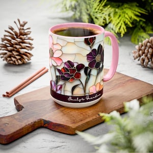 Custom Grandma Mug with Name, Stained Glass Flower Coffee Cup, Personalized Nana Gift, Mother’s Day Gift for Grandma, Floral Birthday Mug