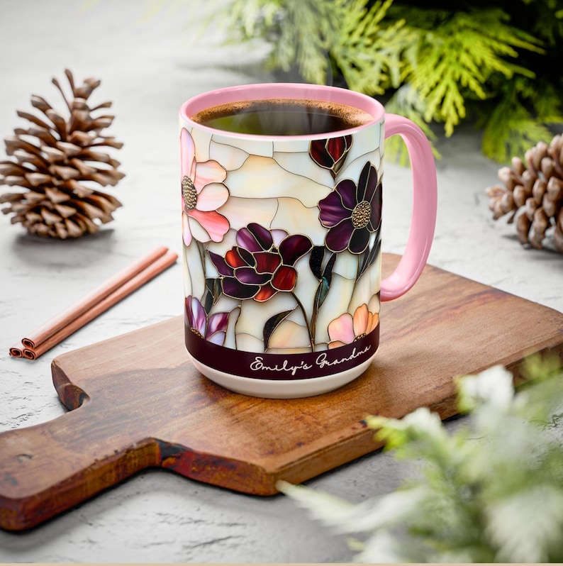 Custom Grandma Mug with Name, Stained Glass Flower Coffee Cup, Personalized Nana Gift, Mother’s Day Gift for Grandma, Floral Birthday Mug