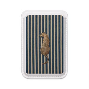 May include: A rectangular phone case featuring a leopard illustration against a backdrop of vertical blue and beige stripes. The case has a white border.