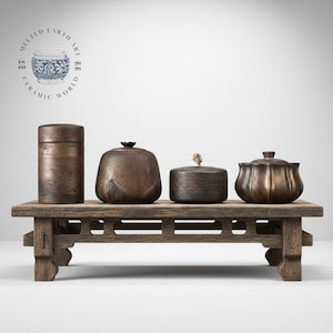Puede incluir: Cuatro recipientes de cerámica antiguos de color bronce con tapas sobre una mesa de madera envejecida. Los recipientes varían en forma y tamaño, incluyendo un cilindro alto y una olla redonda con tapa. La imagen incluye el texto "Melted Earth Art Ceramic World".