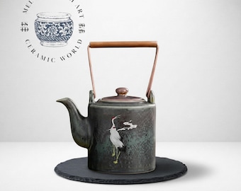 Bule de cerâmica em formato de guindaste com alça de cobre | Chaleira de grés com acabamento esmaltado (310ml)