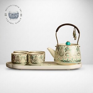 Japanese Ceramic Teapot Set with Cups | Gold Turquoise Pattern Tea Lover Gift