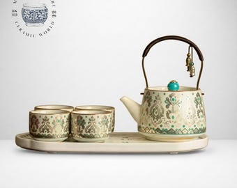 Juego de tetera de cerámica japonesa con tazas / Diseño turquesa dorado. Regalo ideal para amantes del té.