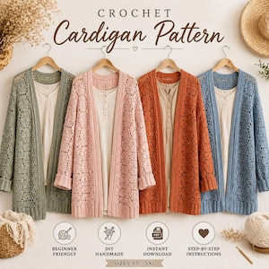 Könnte beinhalten: Vier offene Häkel-Cardigans in Grün, Rosa, Orange und Blau hängen an Holzbügeln. Das Bild enthält den Text "CROCHET Cardigan Pattern" und Symbole für anfängerfreundlich, DIY-Handarbeit, Sofort-Download und Schritt-für-Schritt-Anleitungen. Größen XS-5XL.