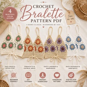 Puede incluir: Un patrón de bralette a crochet en PDF con cuatro variaciones de color: verde salvia y marfil crema, terracota y beige avena, lavanda polvorienta y beige cálido, y azul océano polvoriento y blanco lino. El texto incluye "CROCHET Bralette PATTERN PDF" y "Sizes XS - 5XL".