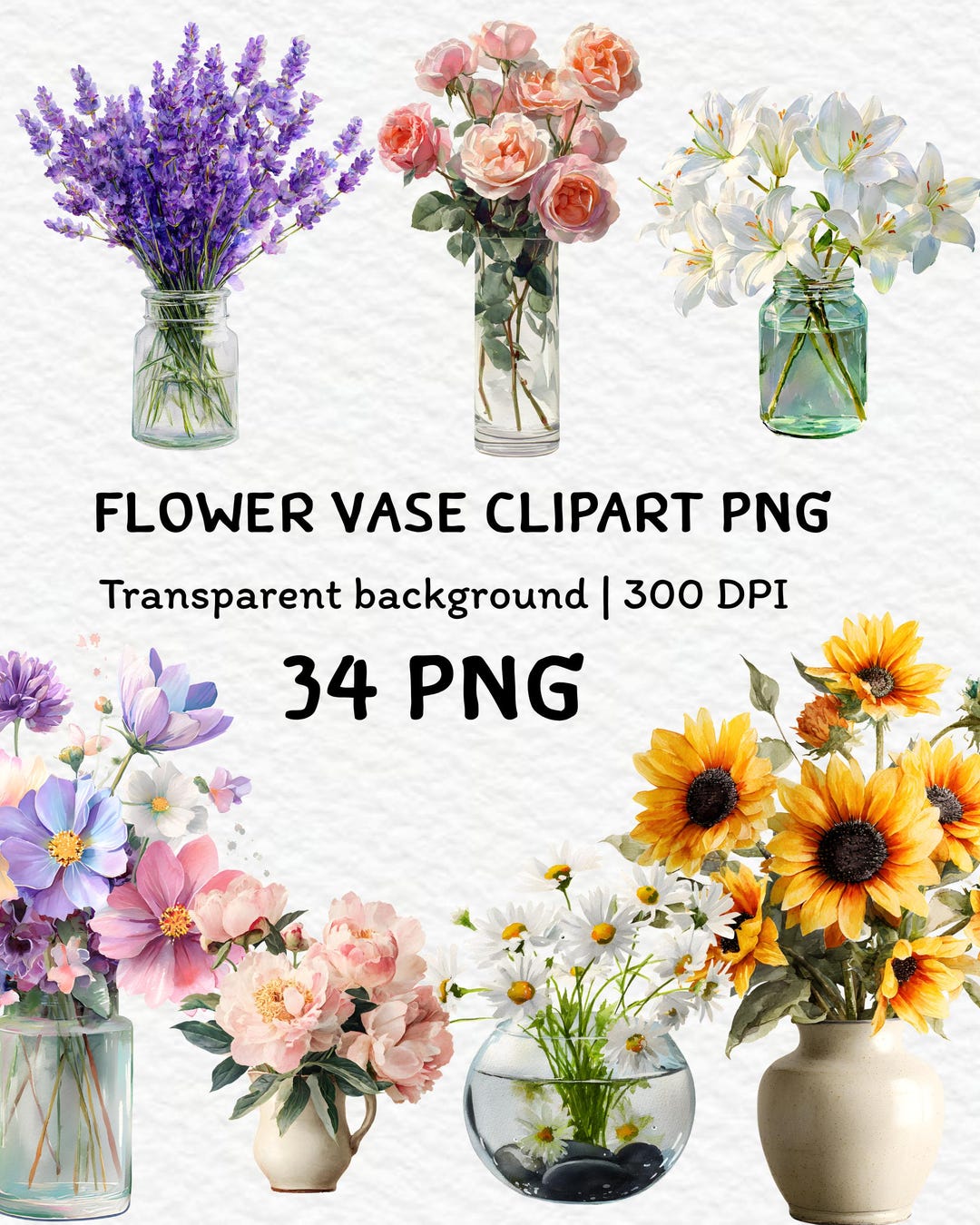 34 Watercolor Flower Vase PNG Clipart Bundle, Floral Arrangement ...