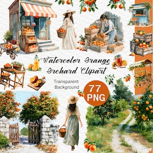 Puede incluir: Una colección digital de ilustraciones en acuarela de huertos de naranjos con personas con sombreros de sol, cajas de madera llenas de naranjas, puestos de frutas, naranjos y caminos. El texto dice Watercolor Orange Orchard Clipart Transparent Background 77 PNG.