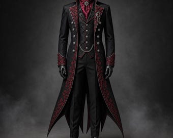 Vampire Gothic Red Embroidered Tailcoat, Masquerade Wedding Suit, Dracula Cosplay Costume, Halloween Long Trench Coat, Vampire Lord Costume