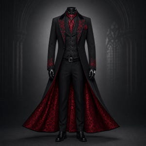May include: A black long coat with red floral embroidery on the lapels and cuffs, featuring a deep red patterned lining. The ensemble includes a black vest, a red cravat, and black trousers, all displayed on a mannequin against a dark background.