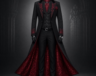 Mens Gothic Vampire Coat Gothic Long Coat Long Trench Coat Victorian Tailcoat Frock Coat Steampunk Wedding Cosplay Black Overcoat Red Lining
