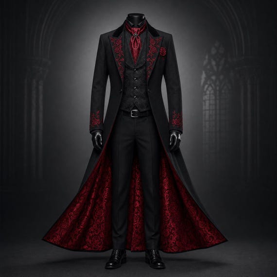 Mens Gothic Vampire Coat Gothic Long Coat Long Trench Coat Victorian Tailcoat Frock Coat Steampunk Wedding Cosplay Black Overcoat Red Lining