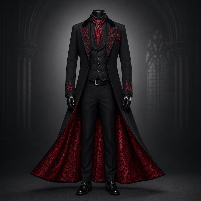 Front view of a mens gothic vampire coat featuring dramatic cathedral length silhouette with blood red rose vine embroidery, Victorian inspired formal outerwear, tailored luxury overcoat, elegant peak lapels, crimson damask lining, black jacquard waistcoat, embroidered silk cravat, leather gloves, wool blend craftsmanship, dark romantic fashion, Halloween costume, gothic wedding attire, medieval noble clothing, fantasy cosplay apparel, luxury statement garment