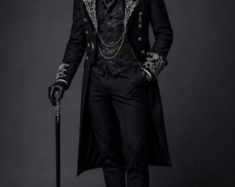 Dark Academia Tailcoat Men's Gothic Evening Coat Handmade Aristocrat Wedding Jacket Victorian Prince Suit Luxury Groom Outfit Regency Coat