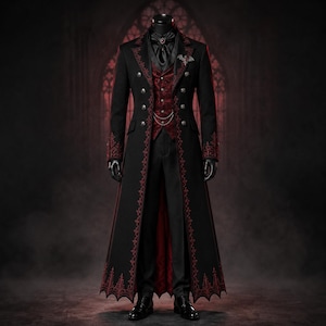 Può includere: Un lungo cappotto nero con intricati ricami rossi lungo i bordi e l'orlo, abbinato a un gilet rosso a motivi coordinati, una cravatta nera con una gemma rossa centrale, una spilla a forma di pipistrello argentata, una catena e pantaloni neri.