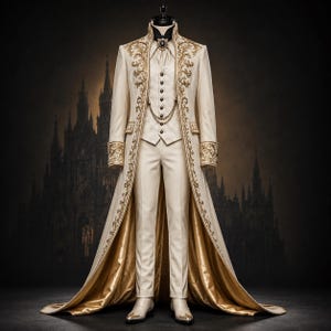 Ivory Gold Embroidered Prince Coat for Men, Victorian Tailcoat, Gothic Royal Wedding Suit, Fantasy King Costume, Renaissance Groom Jacket
