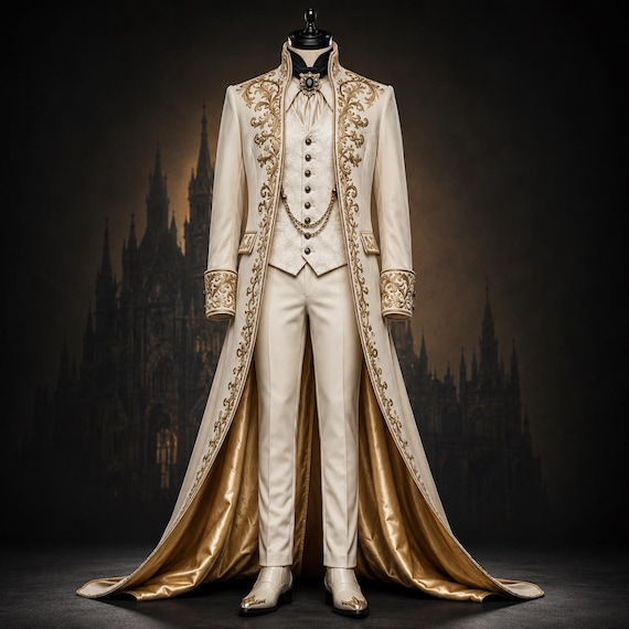 Ivory Gold Embroidered Prince Coat for Men, Victorian Tailcoat, Gothic Royal Wedding Suit, Fantasy King Costume, Renaissance Groom Jacket
