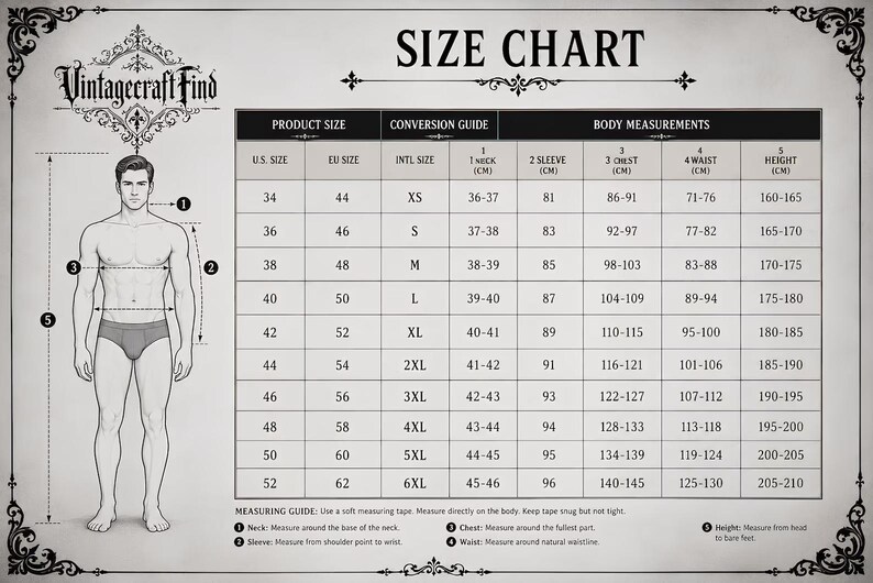 Op de afbeelding: Een zwart-witte maattabel getiteld Vintagecraft Find met een diagram van een menselijk figuur met genummerde meetpunten. De tabel toont Amerikaanse en EU-maten, internationale maten en lichaamsafmetingen in centimeters voor nek, mouw, borst, taille en lengte.