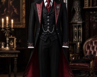 Gothic Vampire Coat, Dracula Style Victorian Goth Suit, Dark Aristocrat Jacket, Steampunk Wedding Longcoat, Masquerade Coat for Men Cosplay