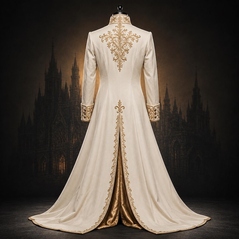 Ivory Gold Embroidered Prince Coat for Men, Victorian Tailcoat, Gothic Royal Wedding Suit, Fantasy King Costume, Renaissance Groom Jacket