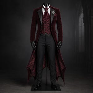 Luxury Vampire Suit Men featuring a deep burgundy velvet Dracula tailcoat with dramatic bat-wing tails, black satin peak lapels, matching jacquard waistcoat, burgundy cravat, tailored black trousers, polished dress shoes, and premium gothic styling. Perfect Dracula Coat Gothic Costume for gothic weddings, Victorian events, masquerade parties, Halloween celebrations, theatrical performances, and elegant Dark Fantasy Trench Coat fashion lovers.