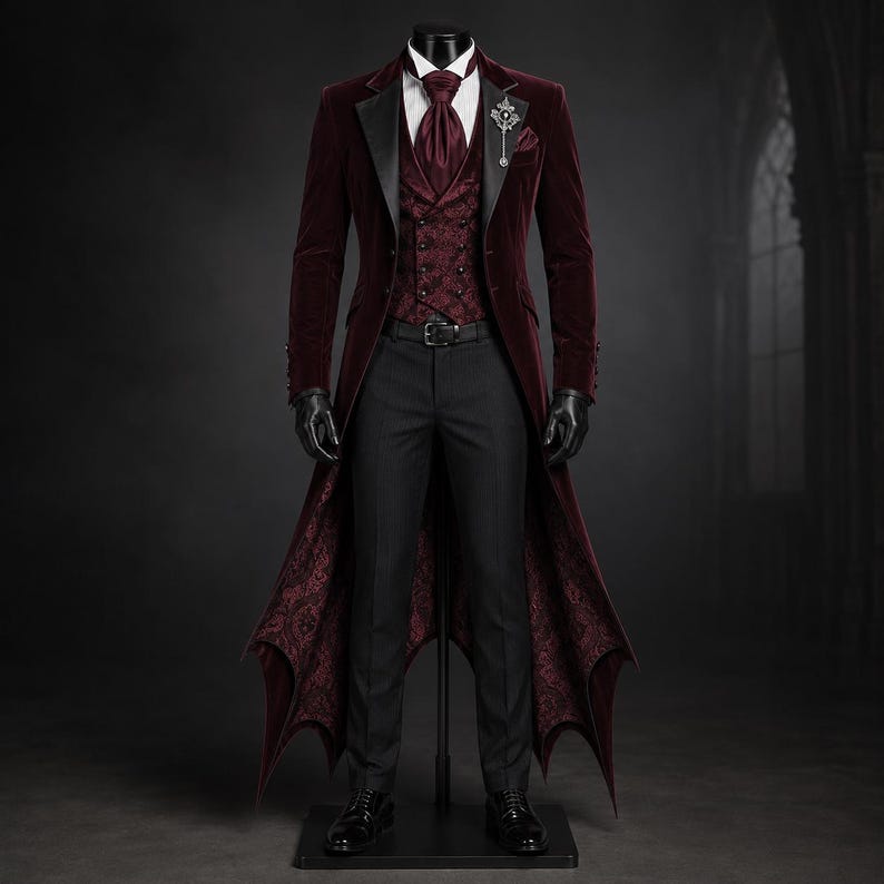 Luxury Vampire Suit Men featuring a deep burgundy velvet Dracula tailcoat with dramatic bat-wing tails, black satin peak lapels, matching jacquard waistcoat, burgundy cravat, tailored black trousers, polished dress shoes, and premium gothic styling. Perfect Dracula Coat Gothic Costume for gothic weddings, Victorian events, masquerade parties, Halloween celebrations, theatrical performances, and elegant Dark Fantasy Trench Coat fashion lovers.