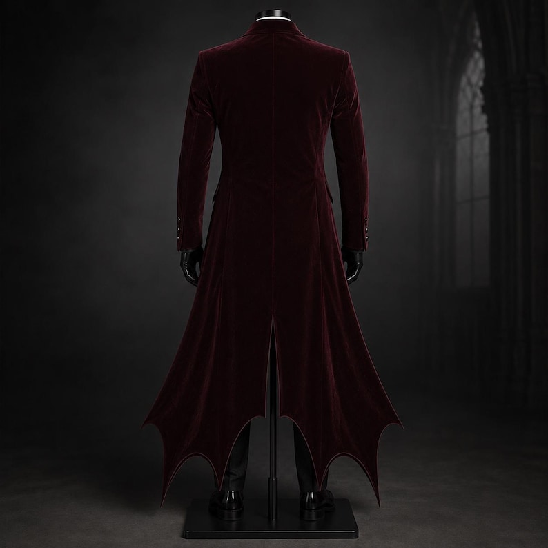 Premium Dracula Coat Gothic Costume crafted from rich wine-red velvet with a fitted Victorian silhouette, luxurious patterned waistcoat, satin lapels, elegant tie, and long bat-inspired tailcoat. Designed for Vampire Style Long Coat Masquerade Halloween outfits, gothic groom fashion, cosplay conventions, Renaissance festivals, vampire-themed photography, stage performances, and sophisticated dark formal occasions.