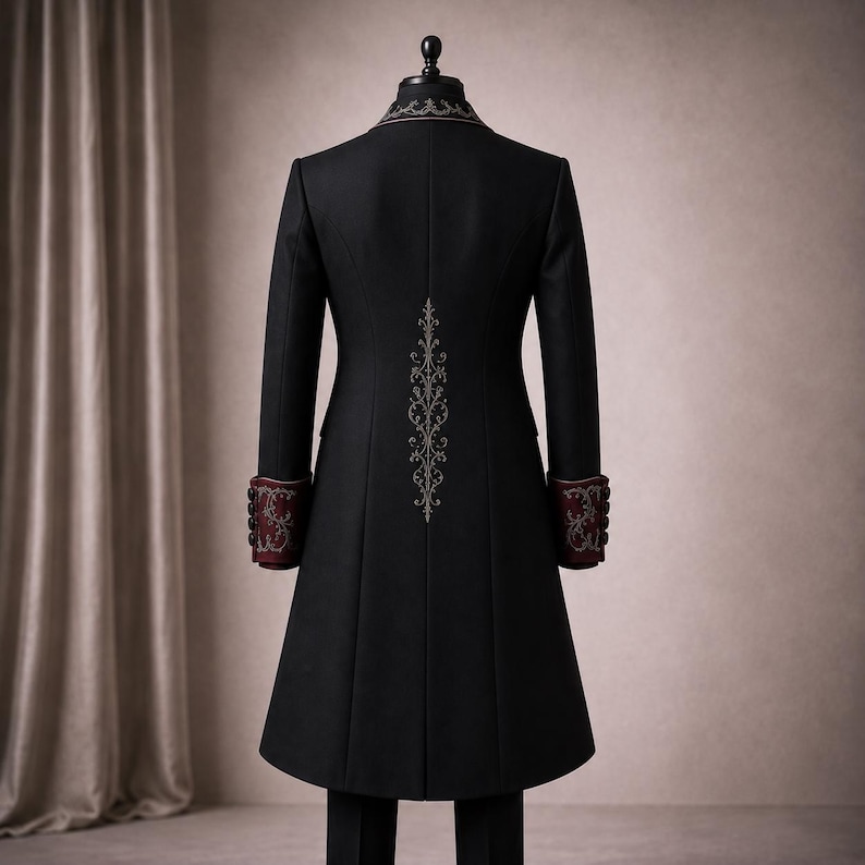 Black Vampire Gothic Wedding Suit,  Victorian Coat for Men Burgundy Embroidered Coat Vampire Aristocrat Costume Steampunk Formal Wear Outfit