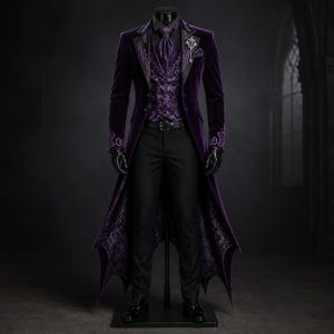 Royal Purple Vampire Long Suit Set -Victorian Embroidered Tailcoat Suit, Aristocrat Wedding Outfit, Gothic Wedding Coat, Cotton Trench Coat