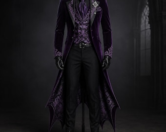 Royal Purple Vampire Long Suit Set -Victorian Embroidered Tailcoat Suit, Aristocrat Wedding Outfit, Gothic Wedding Coat, Cotton Trench Coat