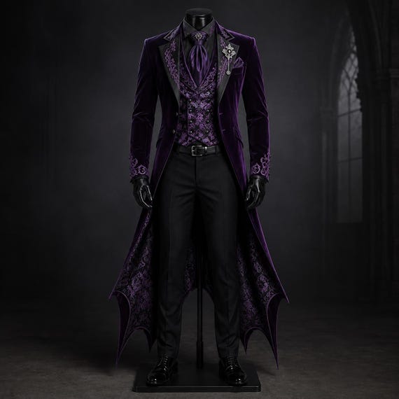 Royal Purple Vampire Long Suit Set -Victorian Embroidered Tailcoat Suit, Aristocrat Wedding Outfit, Gothic Wedding Coat, Cotton Trench Coat