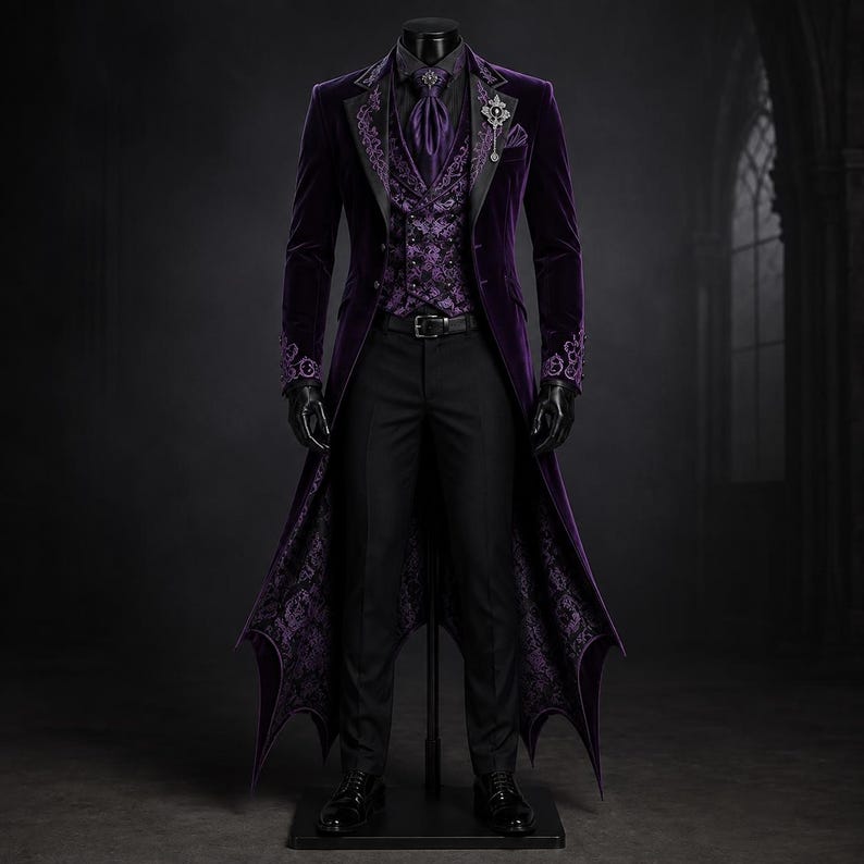 Royal Purple Vampire Long Suit Set -Victorian Embroidered Tailcoat Suit, Aristocrat Wedding Outfit, Gothic Wedding Coat, Cotton Trench Coat