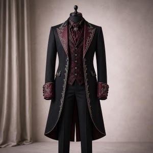 Black Vampire Gothic Wedding Suit,  Victorian Coat for Men Burgundy Embroidered Coat Vampire Aristocrat Costume Steampunk Formal Wear Outfit