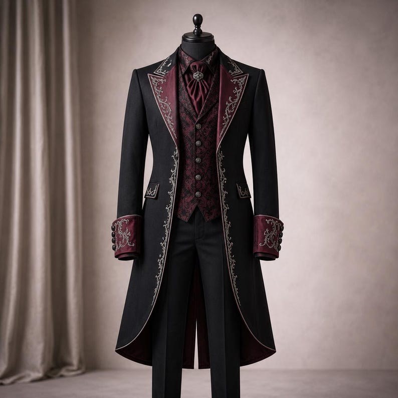 Black Vampire Gothic Wedding Suit,  Victorian Coat for Men Burgundy Embroidered Coat Vampire Aristocrat Costume Steampunk Formal Wear Outfit