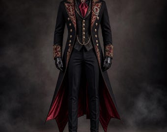 Conjunto de traje gótico de Señor Vampiro, traje de Drácula victoriano, disfraz extraordinario de Halloween, atuendo de mascarada gótica, chaqueta de vampiro steampunk