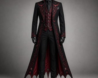 Vampire Cosplay Costume, Dracula Halloween Coat, Dark Academia Embroidered Coat, Red and Black Wedding Gothic Suit, Aristocrat Vampire Suit