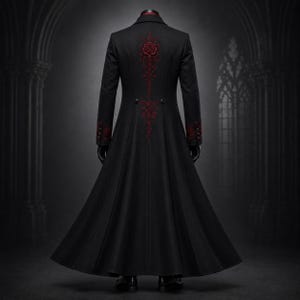 Full length front display of Victorian tailcoat designed for gothic formal fashion with baroque inspired detailing, floor sweeping frock style jacket, burgundy floral embroidery, premium black wool fabric, fitted ceremonial vest, elegant neckwear, luxury evening clothing, Dracula inspired outfit, renaissance event apparel, aristocratic costume, theatrical wardrobe, dark fantasy clothing, historical inspired mens fashion, collector quality outerwear